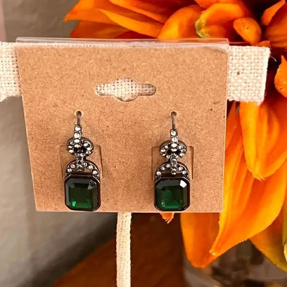 Artisan Green Faceted Earrings, Gunmetal & Crystals #JW7 - Picture 3 of 5